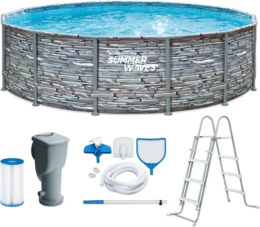 Runder Gartenpool 427x107 cm in Steinoptik Grau mit Filterpumpe