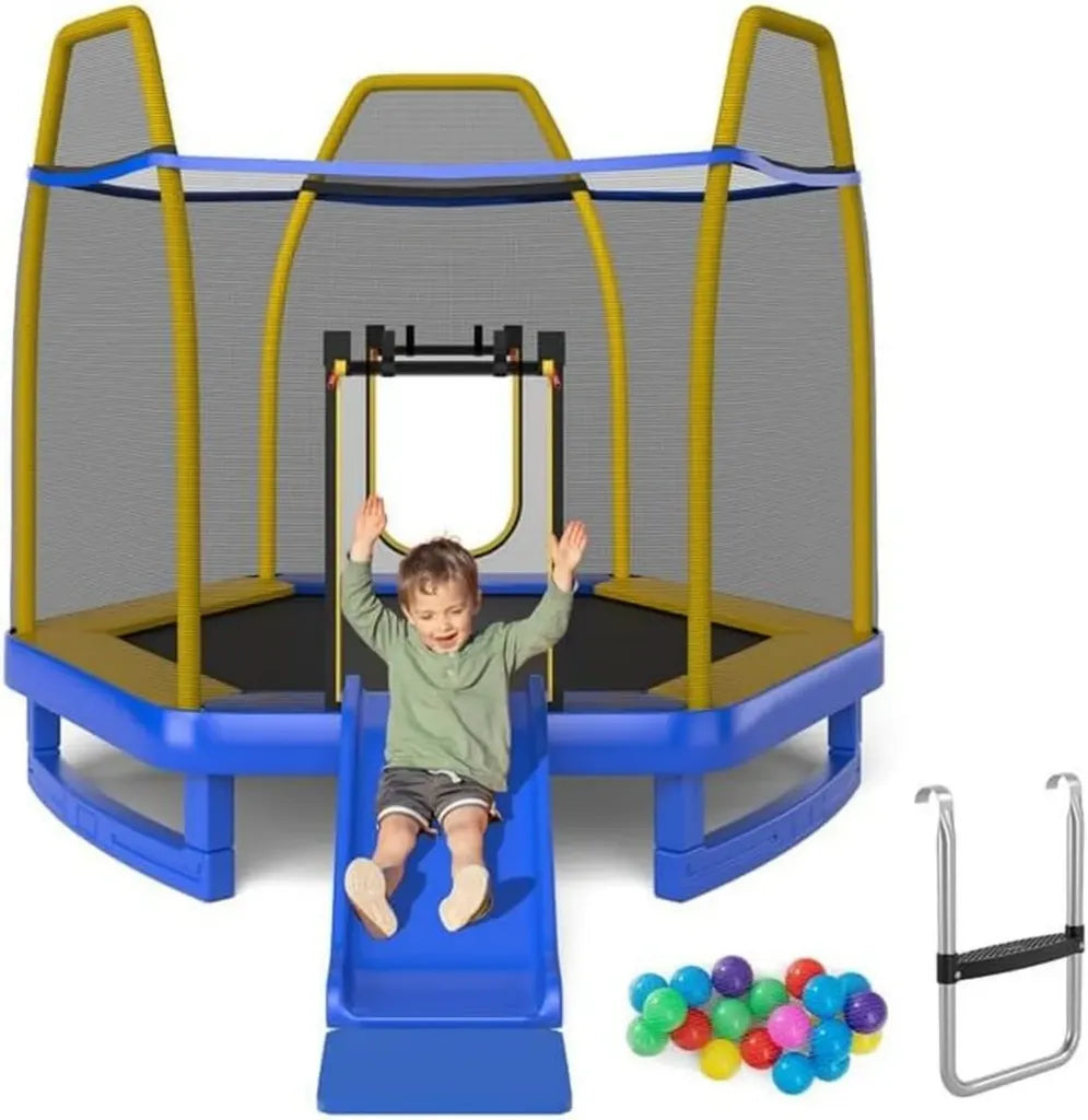COSTWAY 223cm Outdoor-Trampolin mit Rutsche, bis 270 kg, Sicherheitsnetz & Leiter, für Kinder ab 3 Jahren, inkl. Randabdeckung & Bälle (Blau)